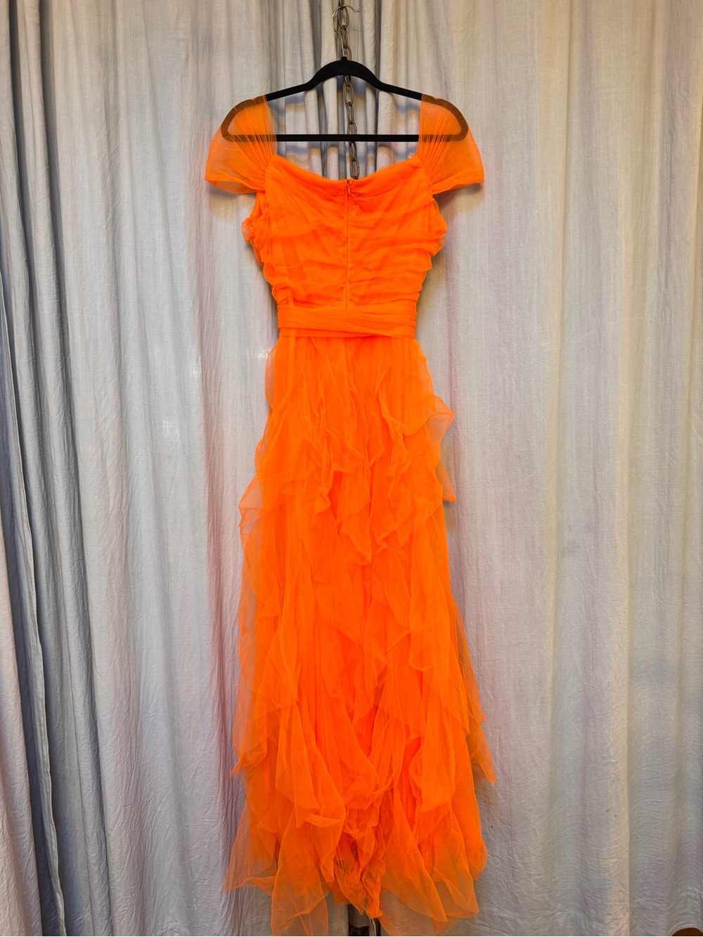 Vibrant Orange Off-Shoulder Ruffle Maxi Dress